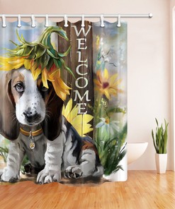 Love Your Pets With This Floral Pet Dog Sunflower Fabric Shower Curtain For A Whimsical Bathroom 