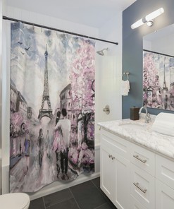 Love in Paris Eiffel Tower Shower Curtain for Fashionable Bathroom Decor