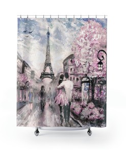 Love in Paris Eiffel Tower Shower Curtain for Fashionable Bathroom Decor