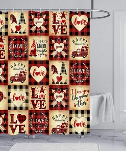 Love-Themed Valentine'S Day Shower Curtain With Checkered Plaid And Gnomes