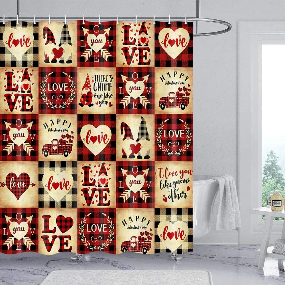 Love-Themed Valentine'S Day Shower Curtain With Checkered Plaid And Gnomes