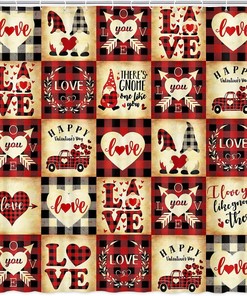Love-Themed Valentine'S Day Shower Curtain With Checkered Plaid And Gnomes