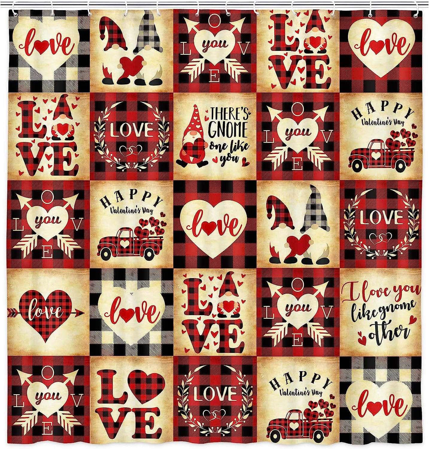 Love-Themed Valentine'S Day Shower Curtain With Checkered Plaid And Gnomes