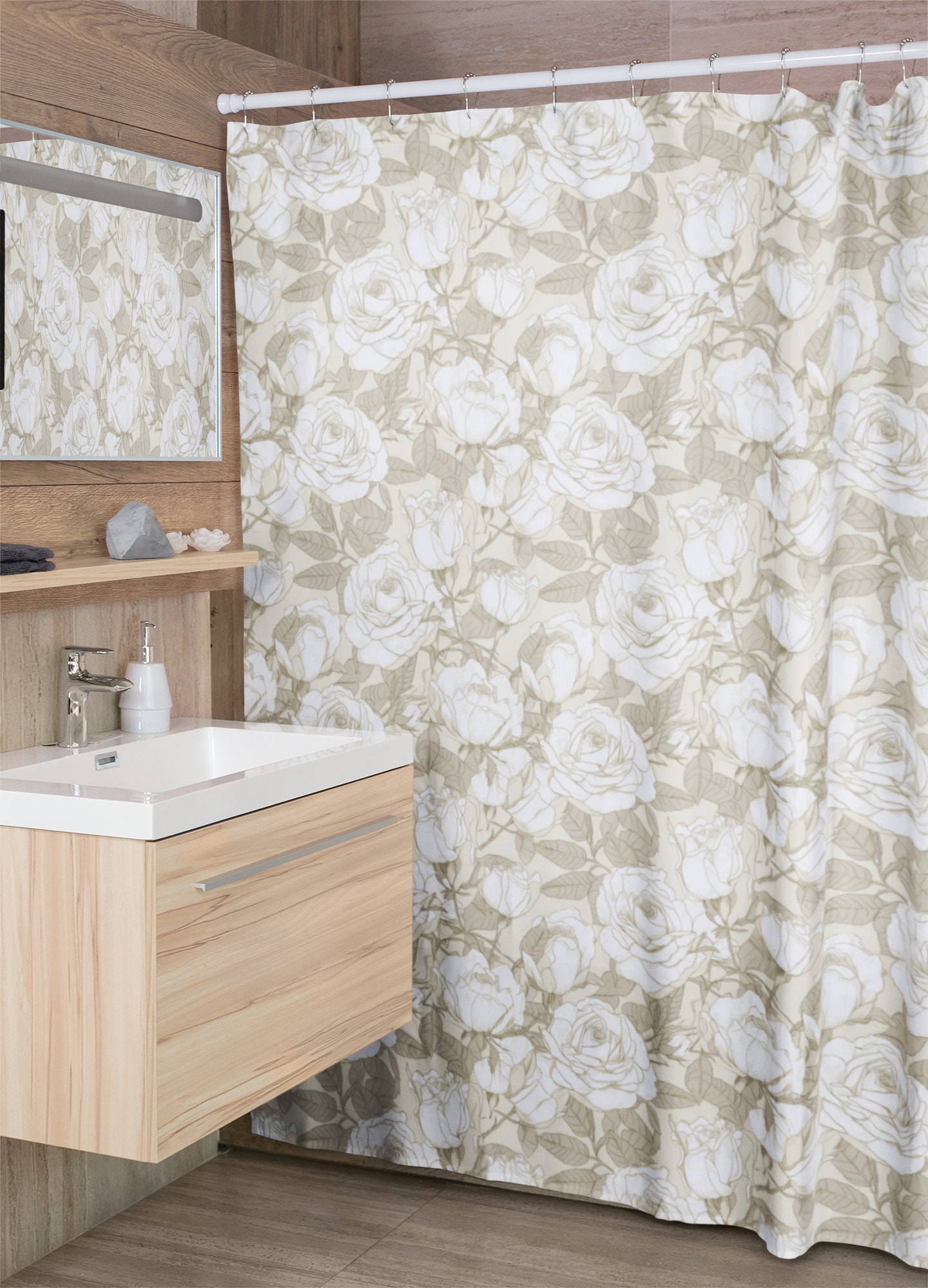 Lovely Bathroom Shower Curtain with White Roses Design, Simple and Elegant