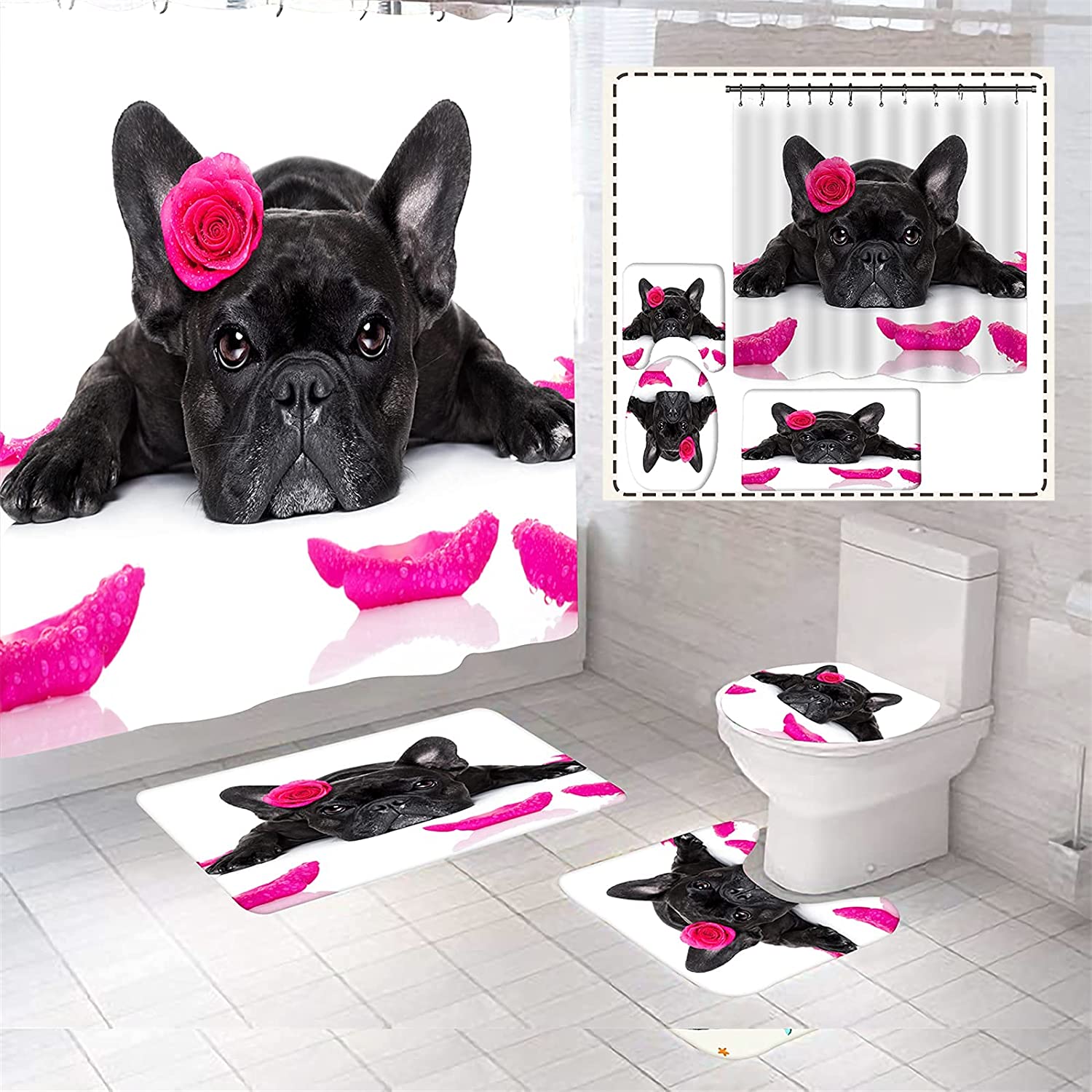 Lovely Black Bulldog Bathroom Shower Curtain With Cute Accessories For Home & Bathroom