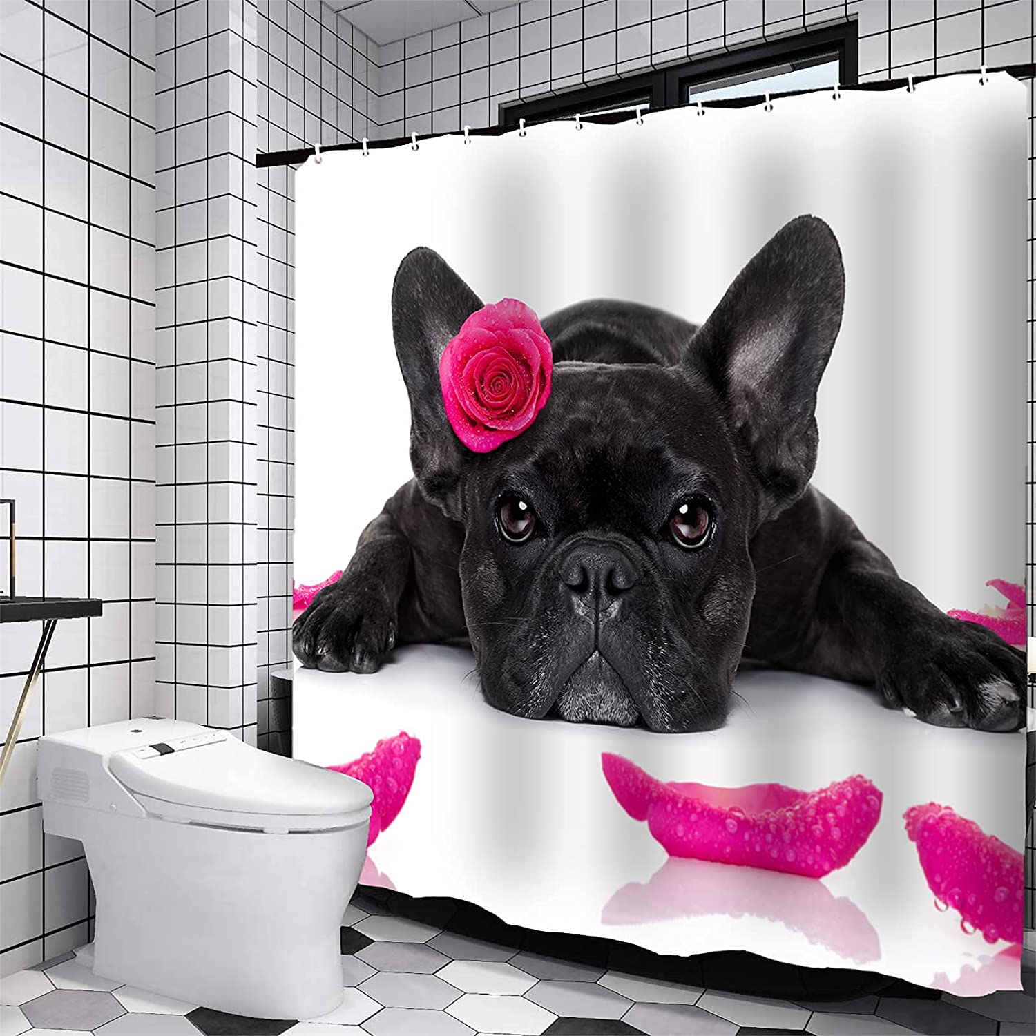 Lovely Black Bulldog Bathroom Shower Curtain With Cute Accessories For Home & Bathroom - Image 3