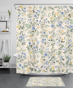 Lovely Blue Floral Botanical Yellow Flower Beige Shower Curtain For Bathroom Decor