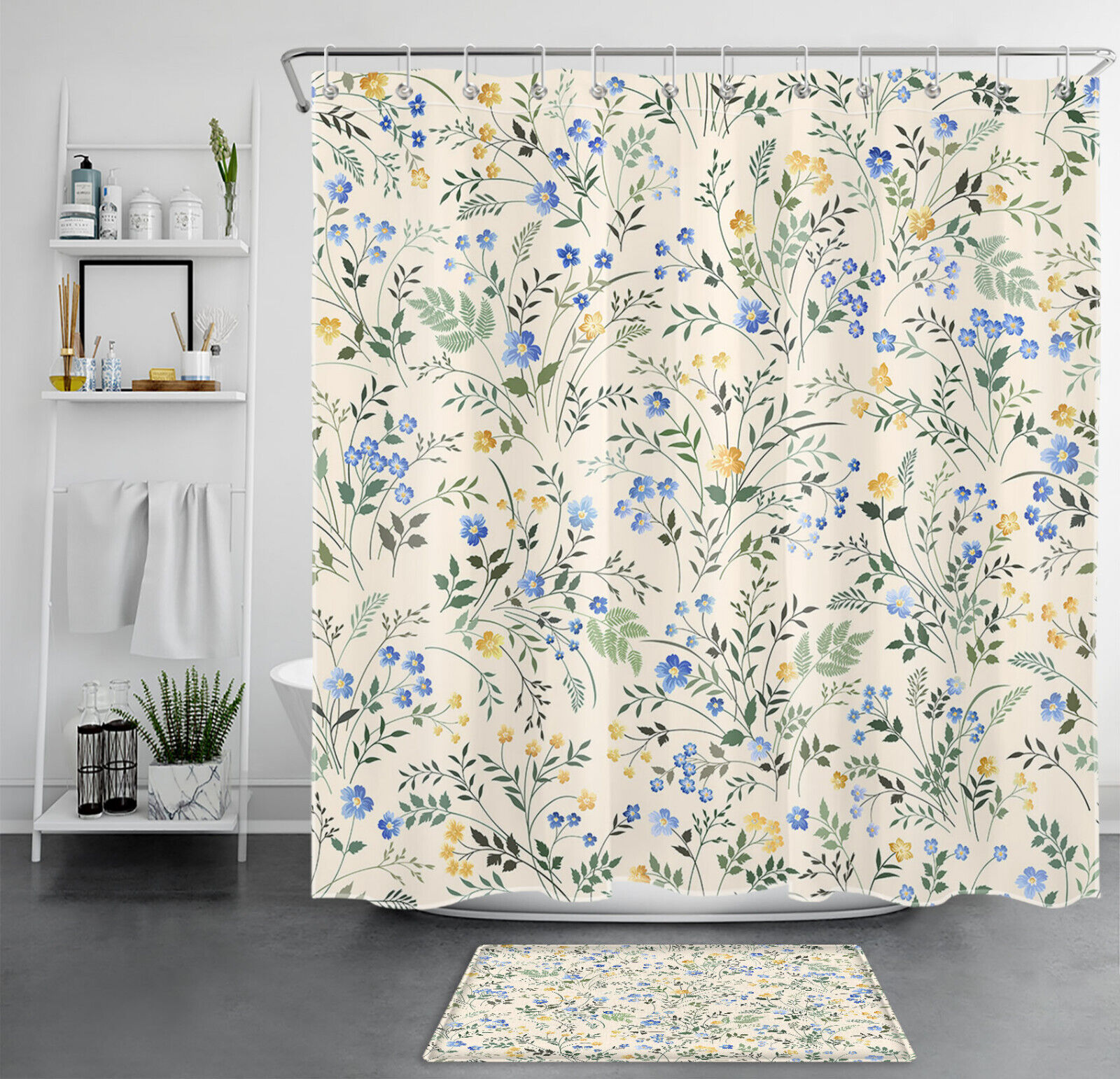 Lovely Blue Floral Botanical Yellow Flower Beige Shower Curtain For Bathroom Decor