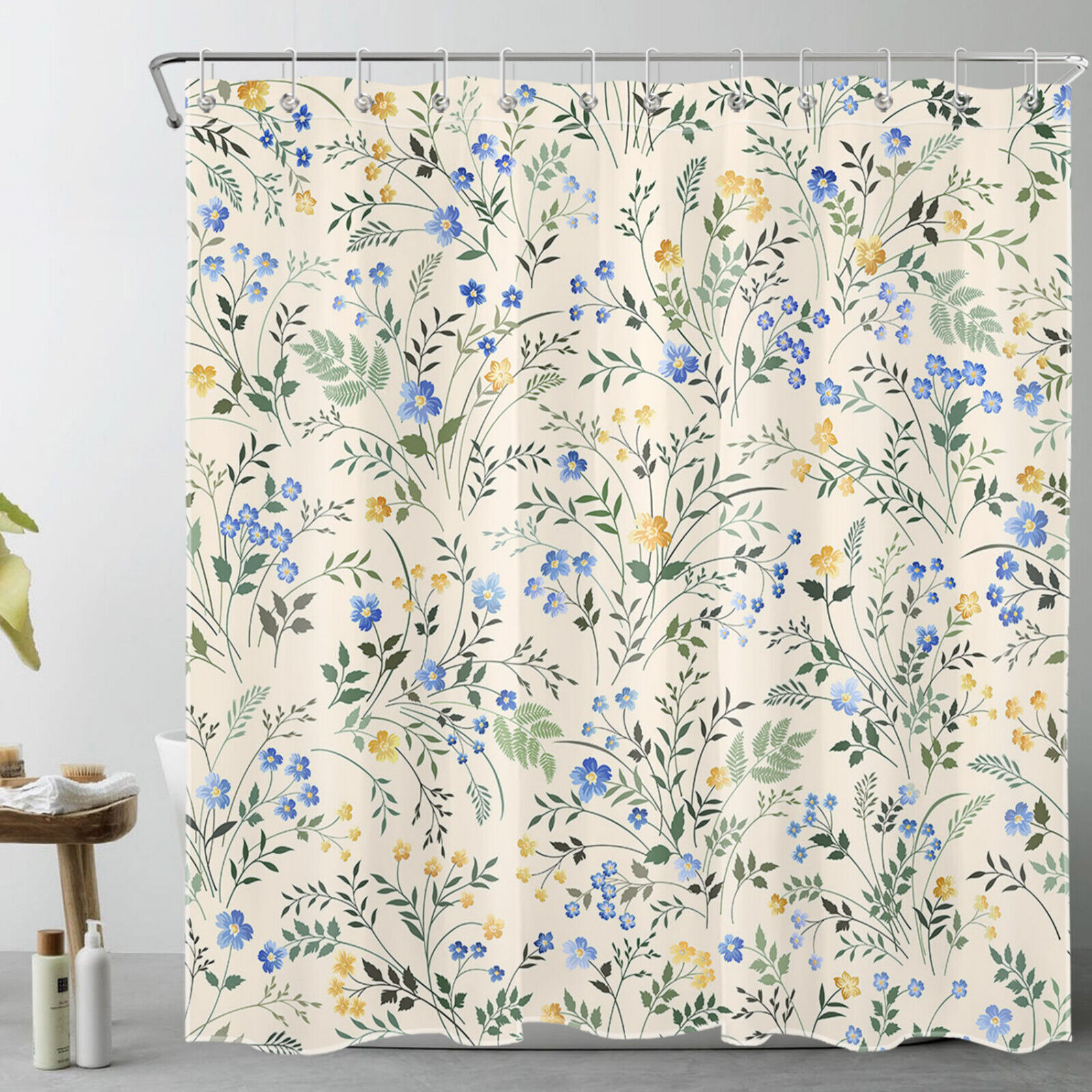 Lovely Blue Floral Botanical Yellow Flower Beige Shower Curtain For Bathroom Decor - Image 2