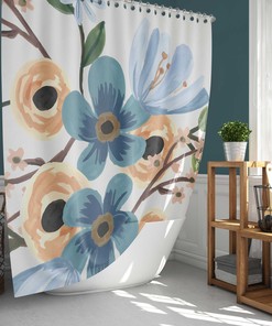 Lovely Blue Floral Flowers Shower Curtain With Botanical Spring Summer Leaves Watercolor Fabric Material