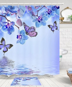 Lovely Butterflies and Phalaenopsis Fabric Shower Curtain with 12 Hooks for Nature-themed Bathroom