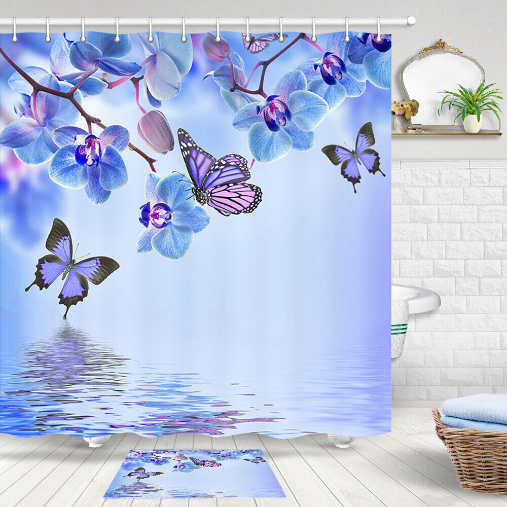 Lovely Butterflies and Phalaenopsis Fabric Shower Curtain with 12 Hooks for Nature-themed Bathroom