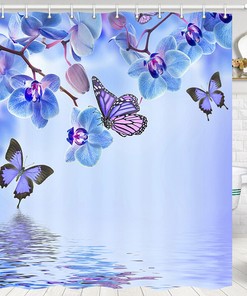 Lovely Butterflies and Phalaenopsis Fabric Shower Curtain with 12 Hooks for Nature-themed Bathroom