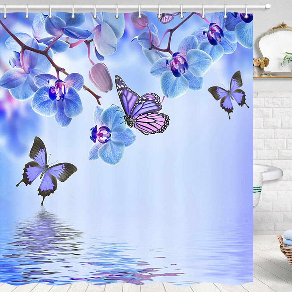 Lovely Butterflies and Phalaenopsis Fabric Shower Curtain with 12 Hooks for Nature-themed Bathroom