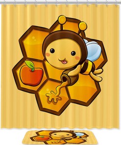 Lovely Cartoon Bee Print Bathroom Decor Shower Curtain Memory Foam Waterproof Fabric