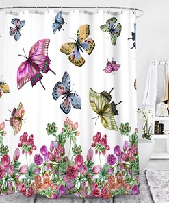 Lovely Cartoon Flowers And Butterfly Bathroom Shower Curtain With Pods And Floral Design
