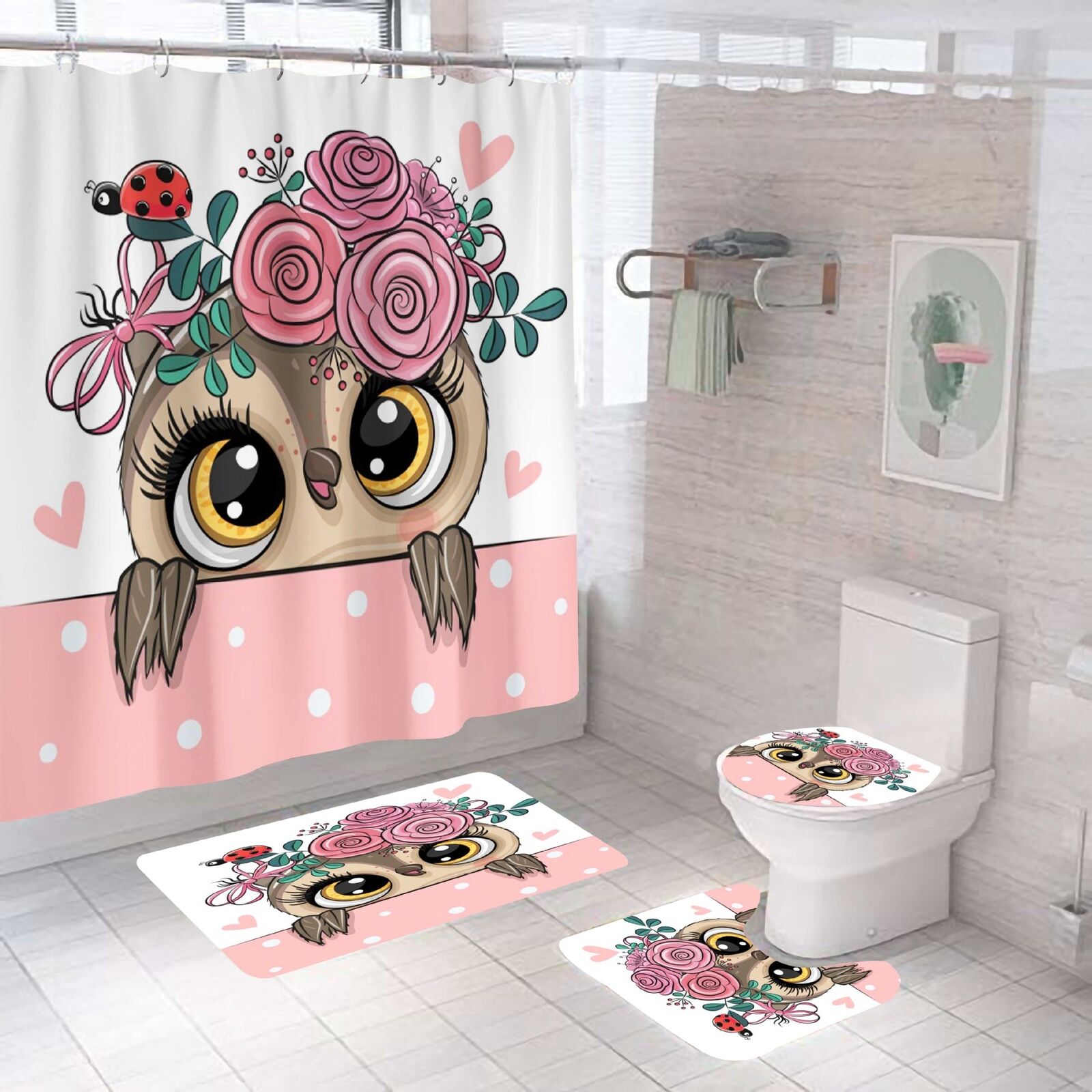 Lovely Cartoon Owl Rose Flower Animal Fabric Shower Curtain