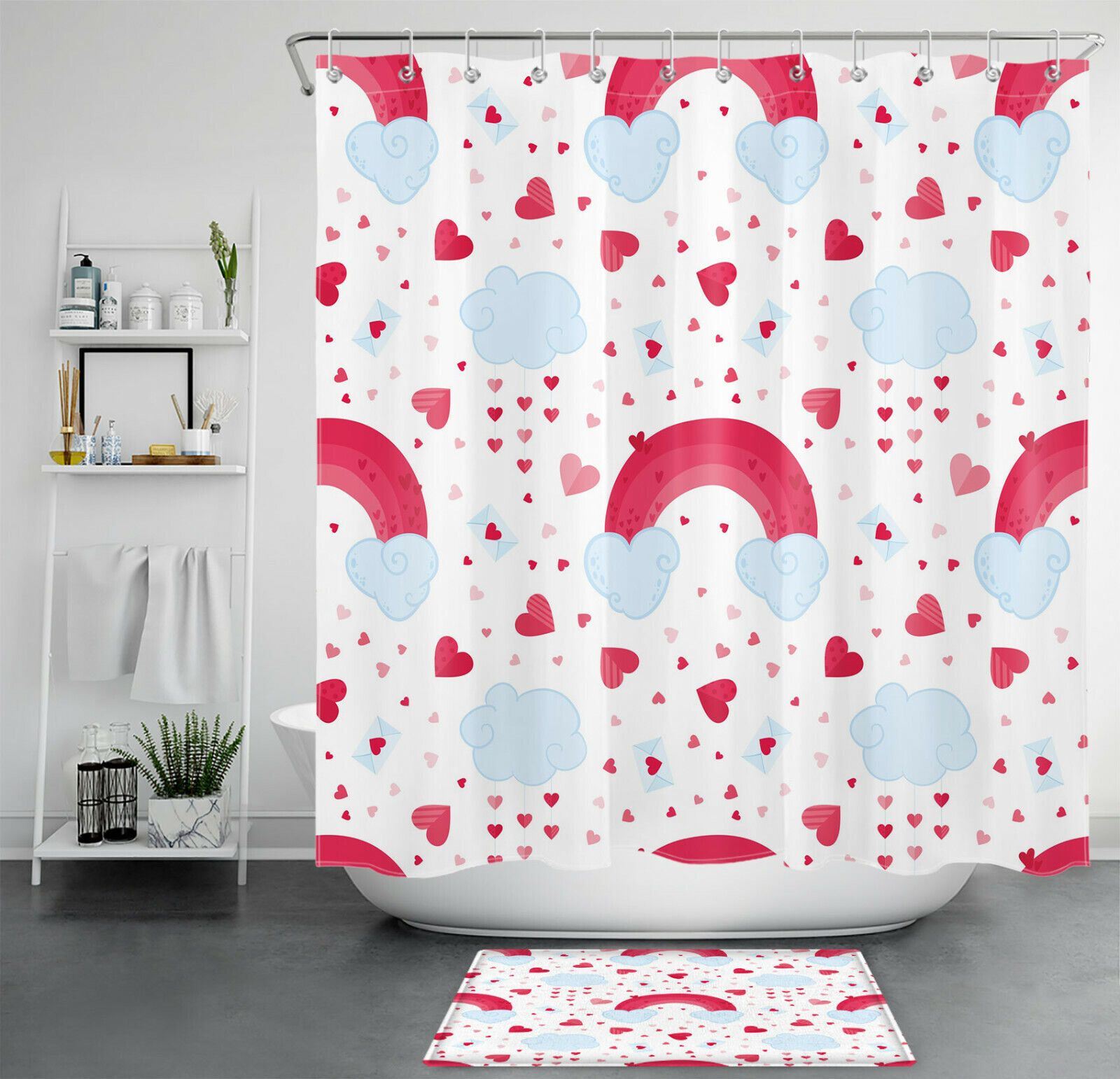 Lovely Cartoon Red Hearts Rainbow Shower Curtain For Valentine'S Day Bathroom Accessory