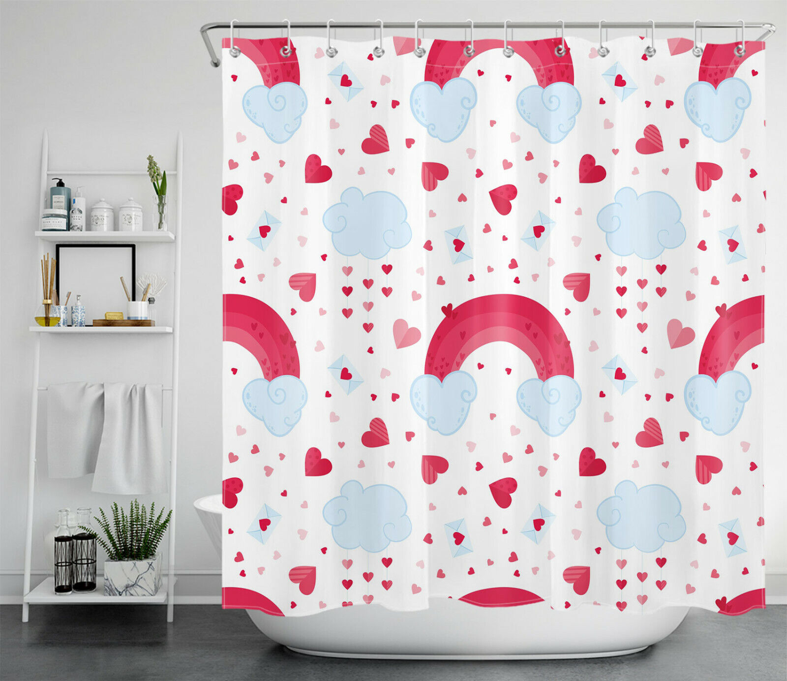 Lovely Cartoon Red Hearts Rainbow Shower Curtain For Valentine'S Day Bathroom Accessory - Image 2