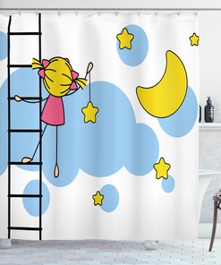Lovely Cartoon Shower Curtain With Girl Ladder And Star Print For Kids Bathroom Decor
