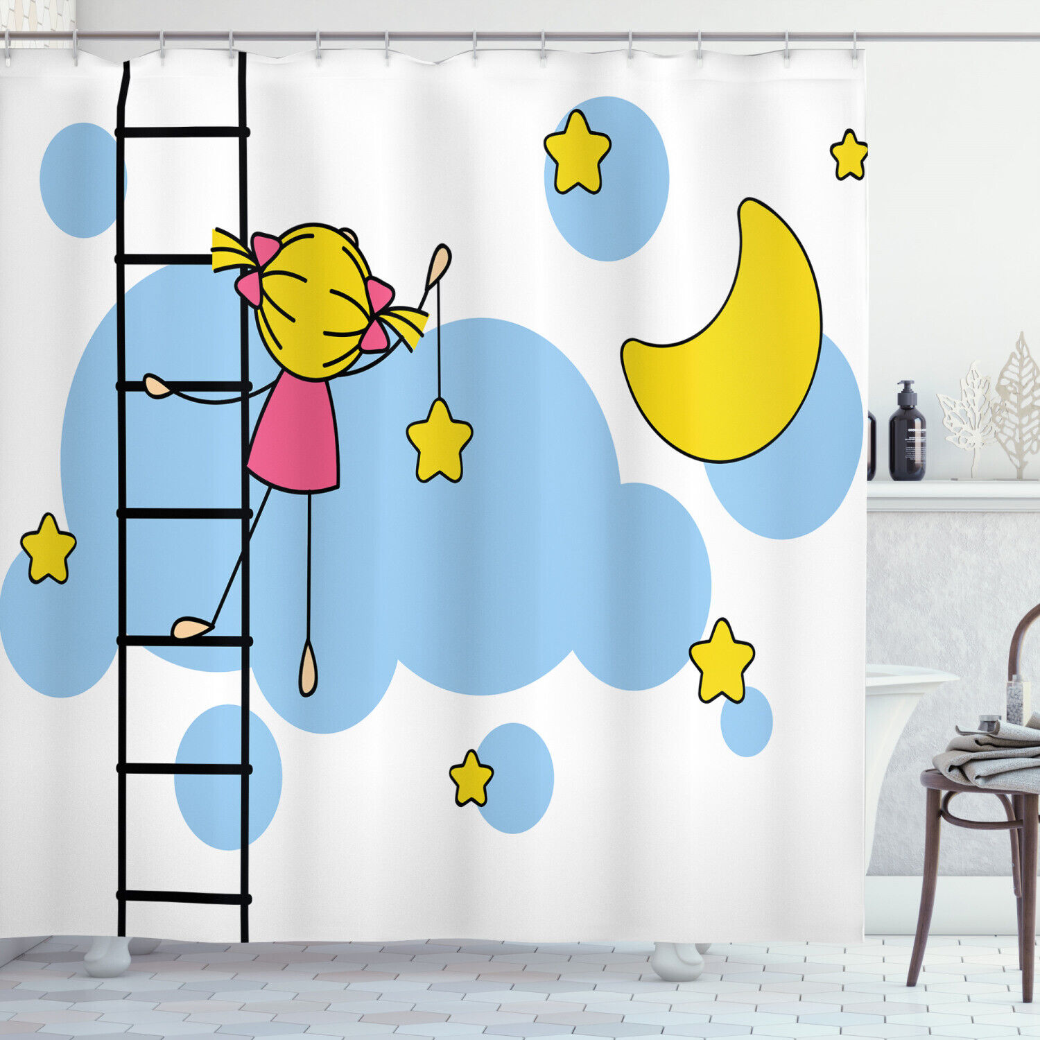 Lovely Cartoon Shower Curtain With Girl Ladder And Star Print For Kids Bathroom Decor