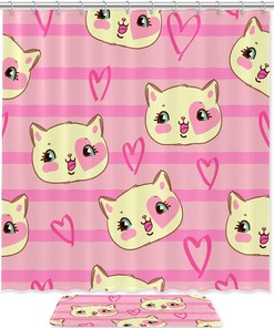 Lovely Cat Pattern with Pink Hearts and Stripes Shower Curtain - Unique Shower Curtains