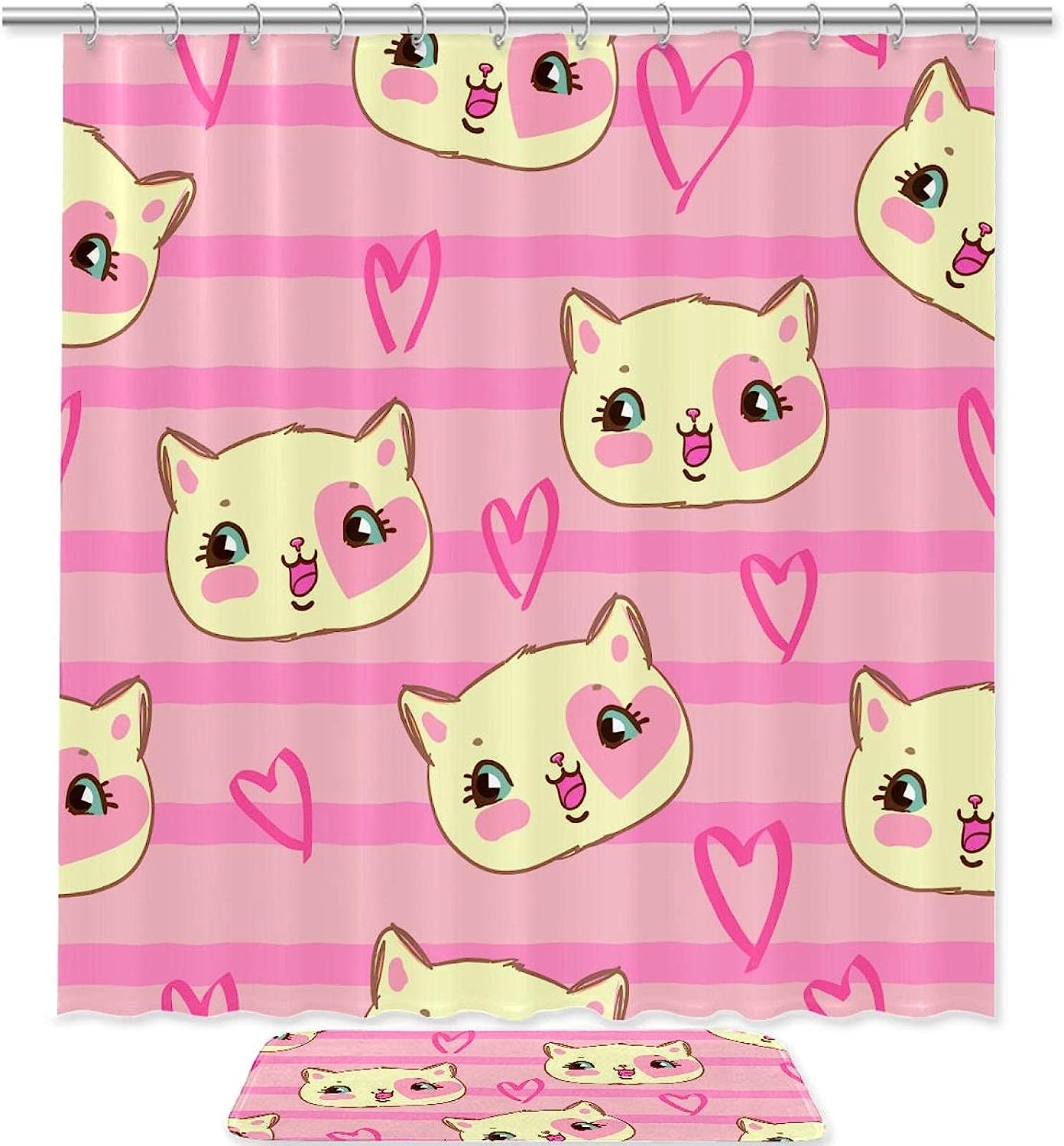 Lovely Cat Pattern with Pink Hearts and Stripes Shower Curtain - Unique Shower Curtains