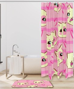 Lovely Cat Pattern with Pink Hearts and Stripes Shower Curtain - Unique Shower Curtains