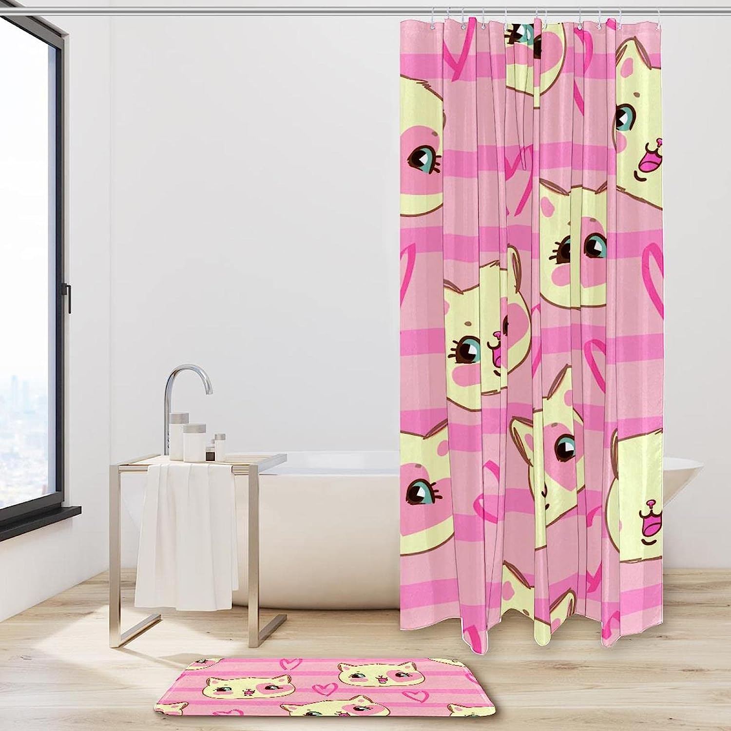 Lovely Cat Pattern with Pink Hearts and Stripes Shower Curtain - Unique Shower Curtains