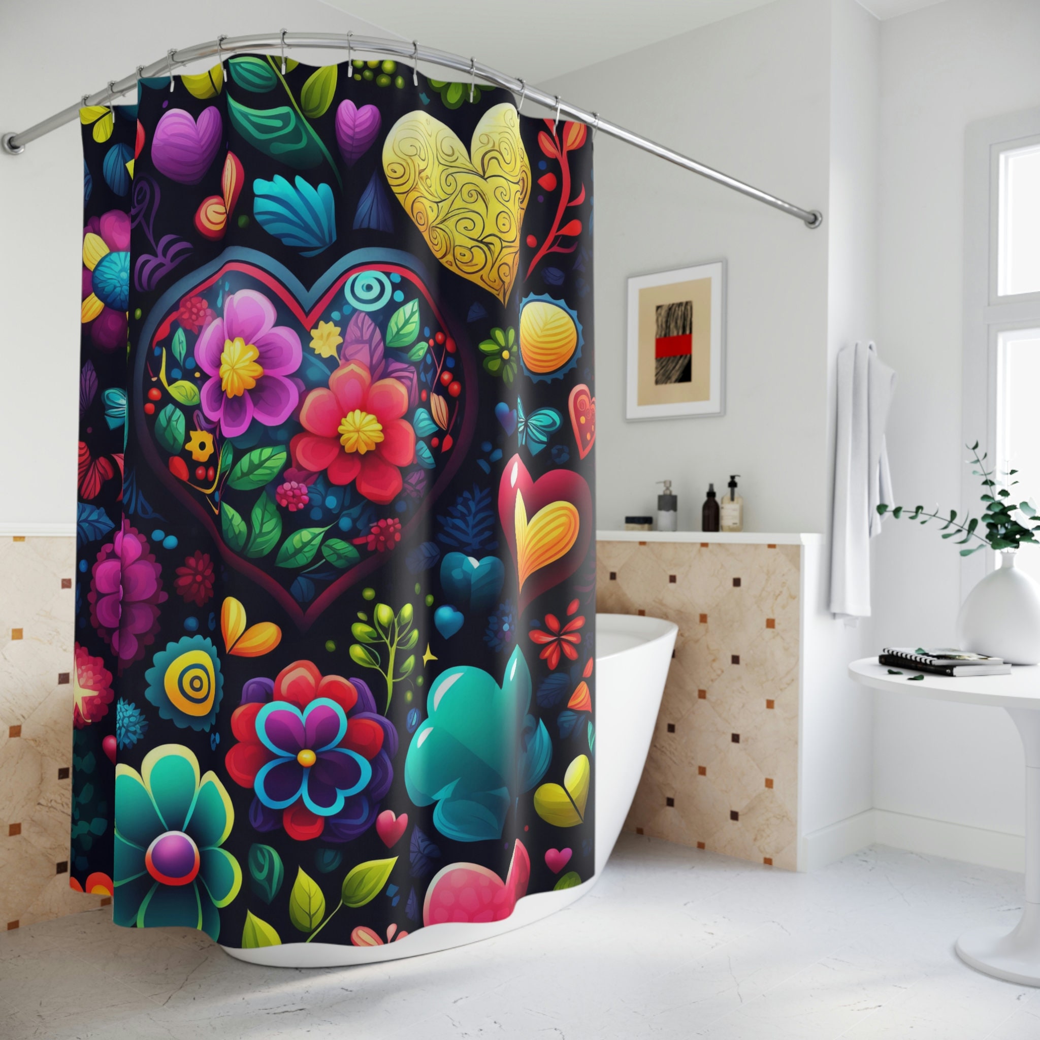 Lovely Coquette Hearts Floral Shower Curtain With Boho Fabric Design