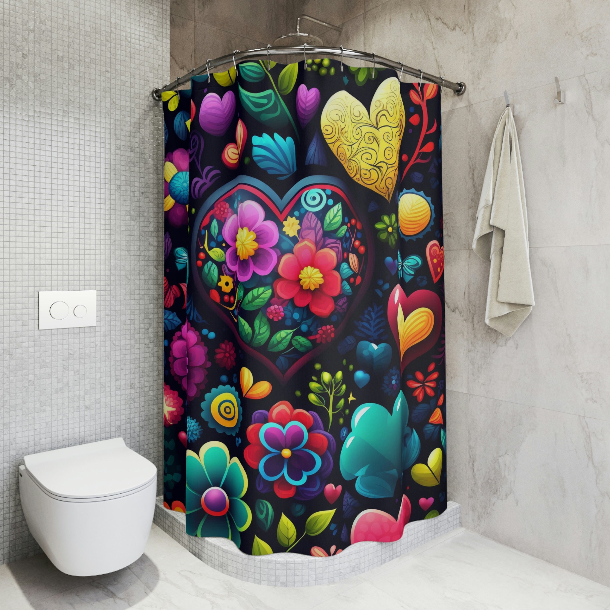Lovely Coquette Hearts Floral Shower Curtain With Boho Fabric Design