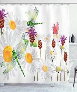 Lovely Daisy Field Spring Dragonfly Shower Curtain For Nature Lovers