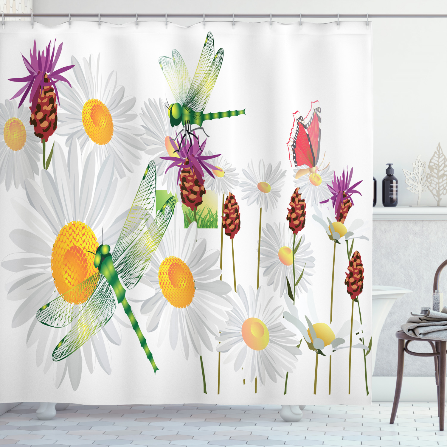Lovely Daisy Field Spring Dragonfly Shower Curtain For Nature Lovers