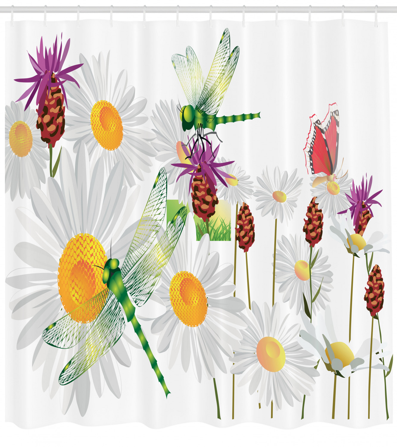 Lovely Daisy Field Spring Dragonfly Shower Curtain For Nature Lovers - Image 2