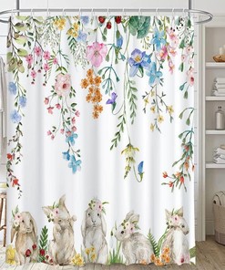 Lovely Easter Bunny Hangs Upside Down on Shower Curtain for Bathroom