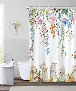 Lovely Easter Bunny Hangs Upside Down on Shower Curtain for Bathroom