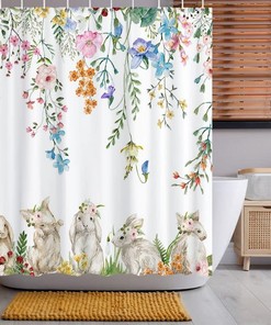 Lovely Easter Bunny Hangs Upside Down on Shower Curtain for Bathroom
