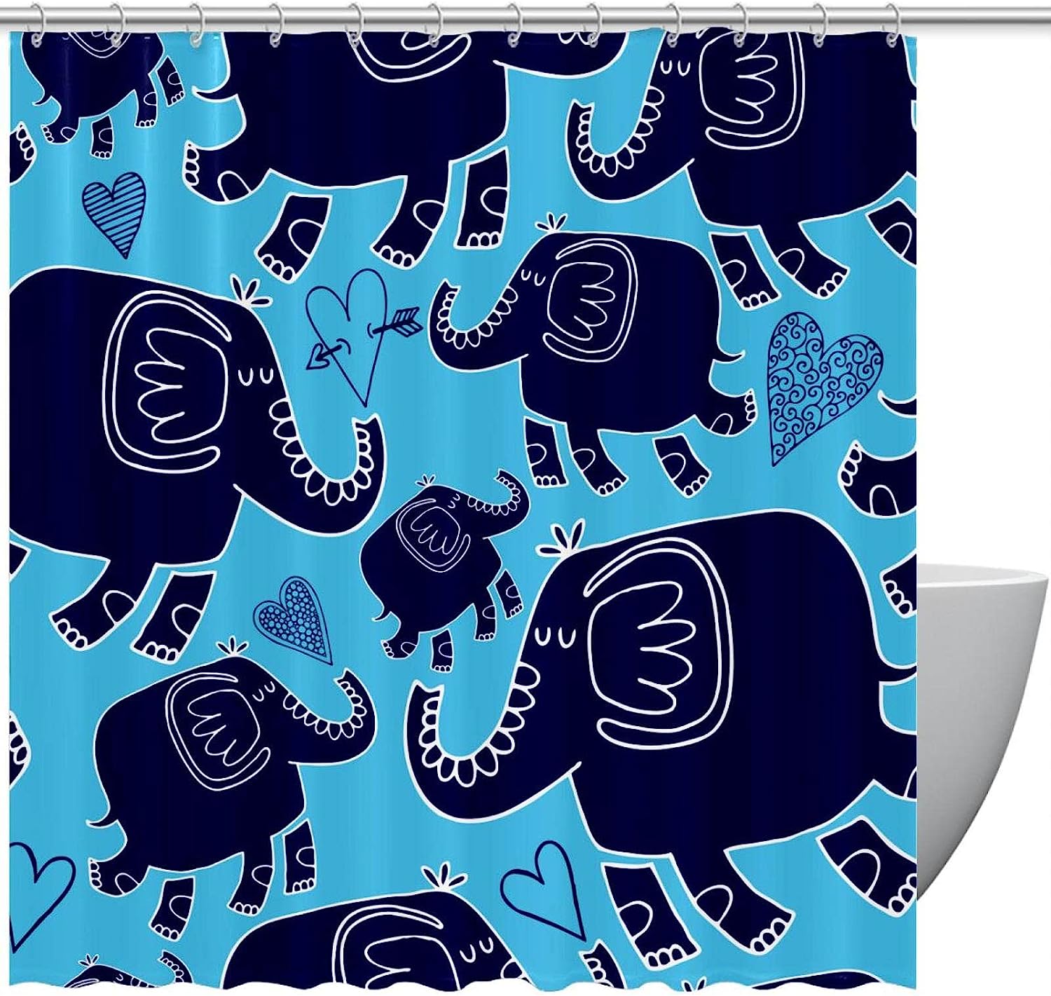 Lovely Elephants And Hearts Shower Curtain, Waterproof Bathroom Decor