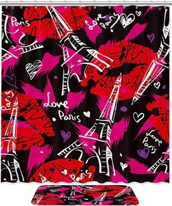Lovely Hearts and Lips Pattern Paris Eiffel Tower Shower Curtain, Romantic French Bathroom Decor 