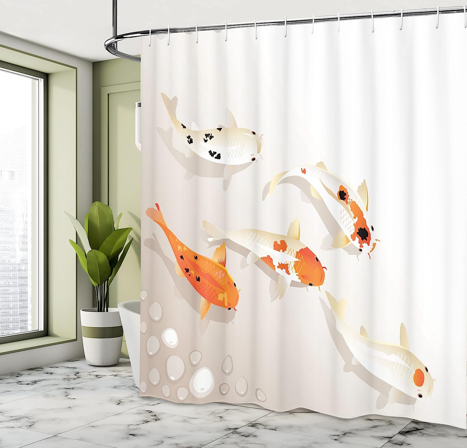 Lovely Koi Carps Shower Curtain, Traditional Spots Oriental Items Representing Love Nautical Theme - Image 4