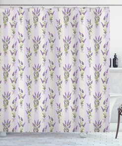 Lovely Lavender Shower Curtain with Stripes and Flowers Print for a Cheerful Bathroom Decor