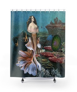 Lovely Mermaid with Ocean Flowers Print Shower Curtain for Girls Bathroom