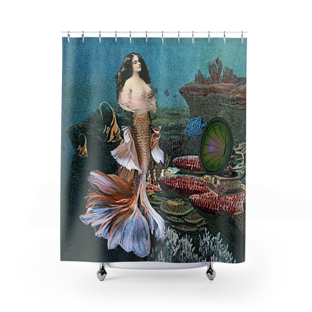Lovely Mermaid with Ocean Flowers Print Shower Curtain for Girls Bathroom