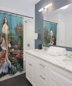 Lovely Mermaid with Ocean Flowers Print Shower Curtain for Girls Bathroom
