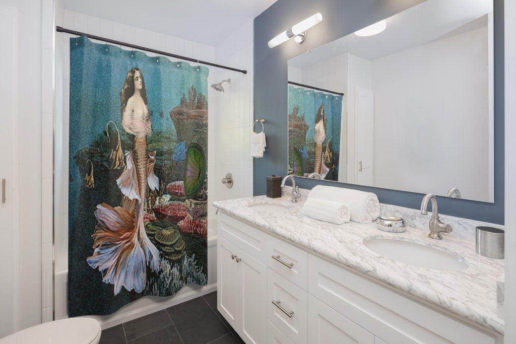 Lovely Mermaid with Ocean Flowers Print Shower Curtain for Girls Bathroom