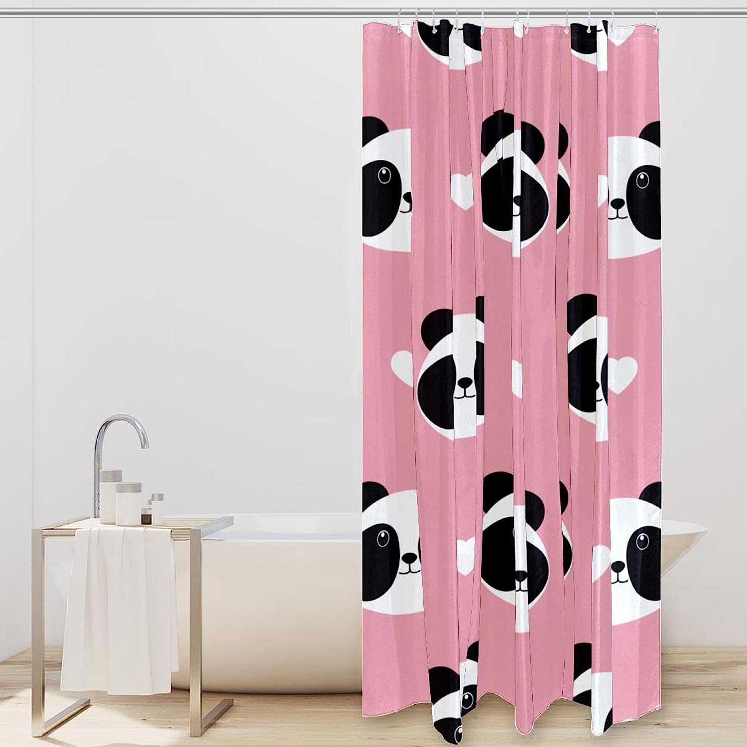 Lovely Panda Face With Heart On Pink Shower Curtain - Image 2