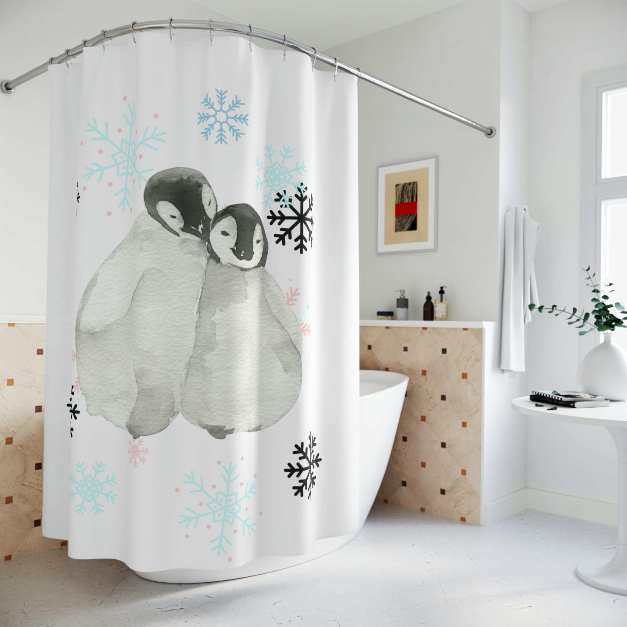 Lovely Penguins in Love Print Shower Curtain, Waterproof Bathroom Decor