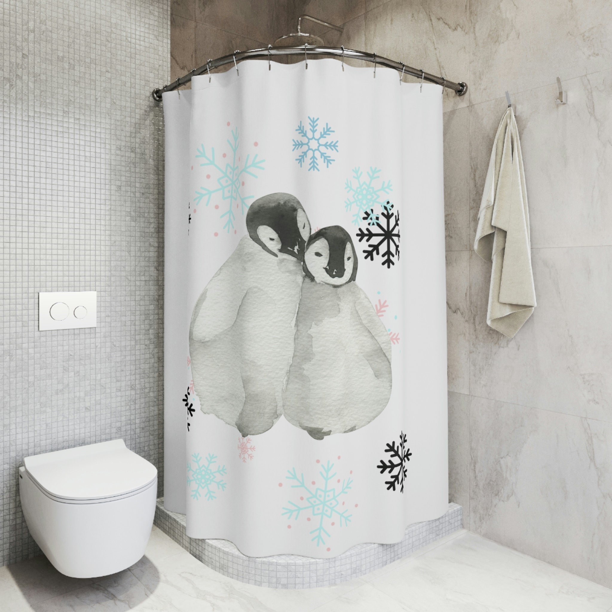 Lovely Penguins in Love Print Shower Curtain, Waterproof Bathroom Decor