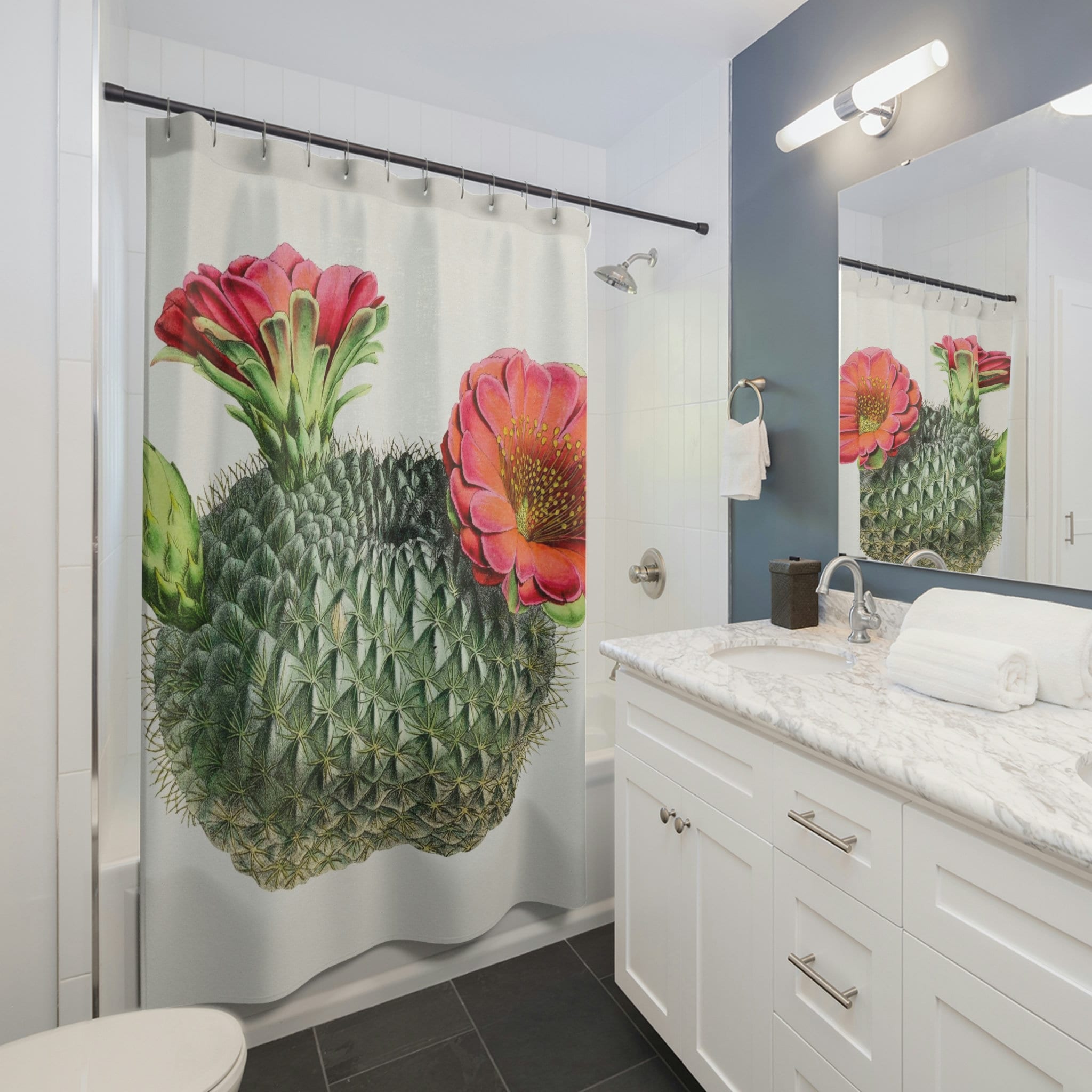 Lovely Pink Flower Cactus Plant Green Natural Bathroom Vintage Art Shower Curtain