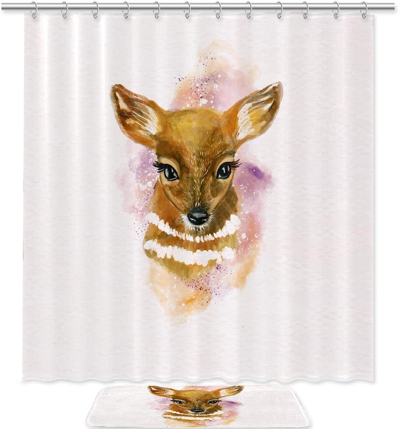 Lovely Watercolor Deer Printed Bathroom Tub Set With Waterproof Fabric Shower Curtain
